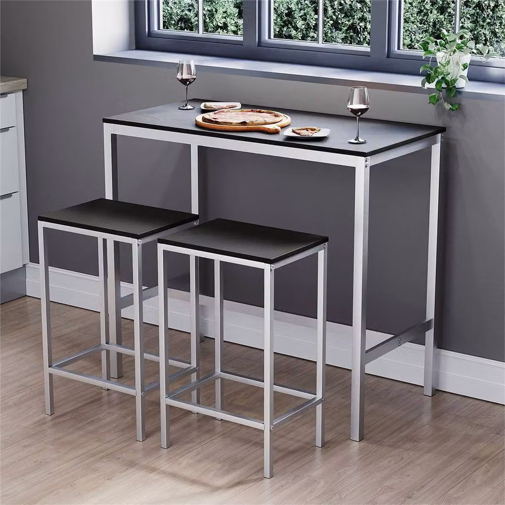 NESTLUNE Industrial Bar Table and 2 Stool Set, Black Metal Dining Set for Kitchen and Dining Room – 4