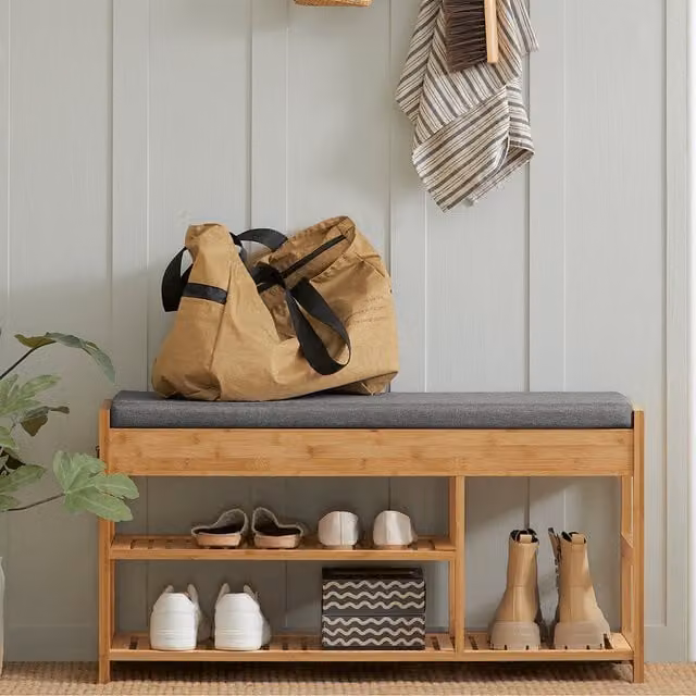 SoBuy Bamboo Shoe Rack and Hallway Bench with Grey Fabric Seat Cushion in Brown – 1