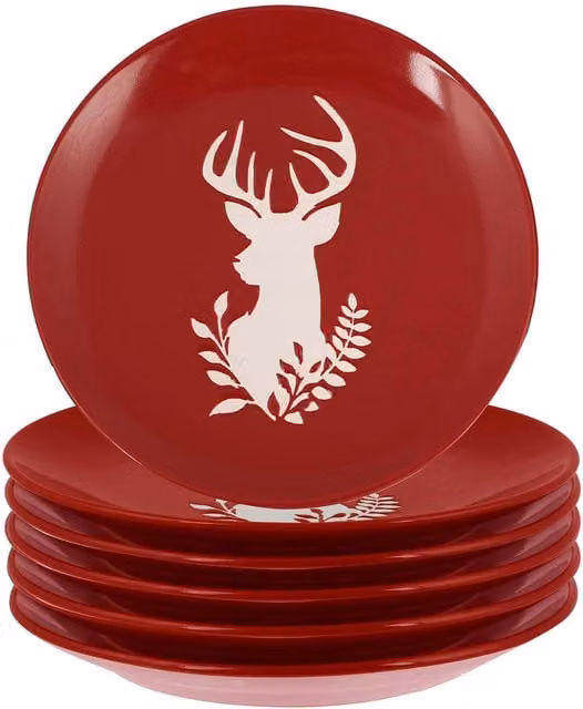 Dibor Set of 6 Red and White Ceramic Christmas Stag Side Plates, Diameter: 21 cm – 1