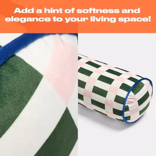 OHS Checked Matte Velvet Bolster Pillow in Green and Pink, W: 46 cm, D: 20 cm – 3