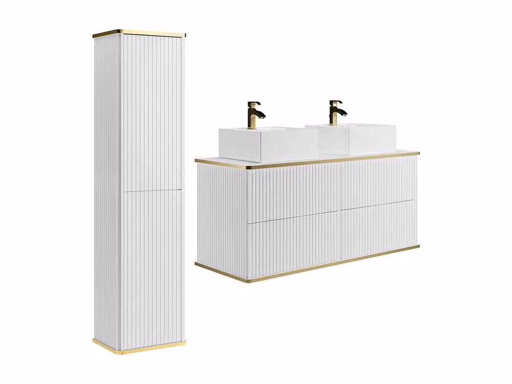 Vente-unique White and Gold Striped Wall Mounted Bathroom Vanity Unit with Double Countertop and Internal Drawers W/D/H: 120 x 47 x 40 cm – 2