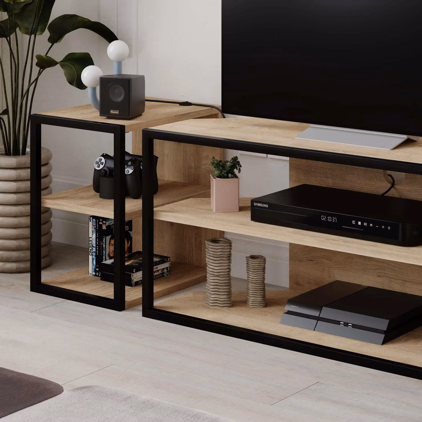Decortie Echo Modern TV Unit in Oak with Metal Frame and Open Shelves, W/D/H: 98 x 37 x 45 cm – 6