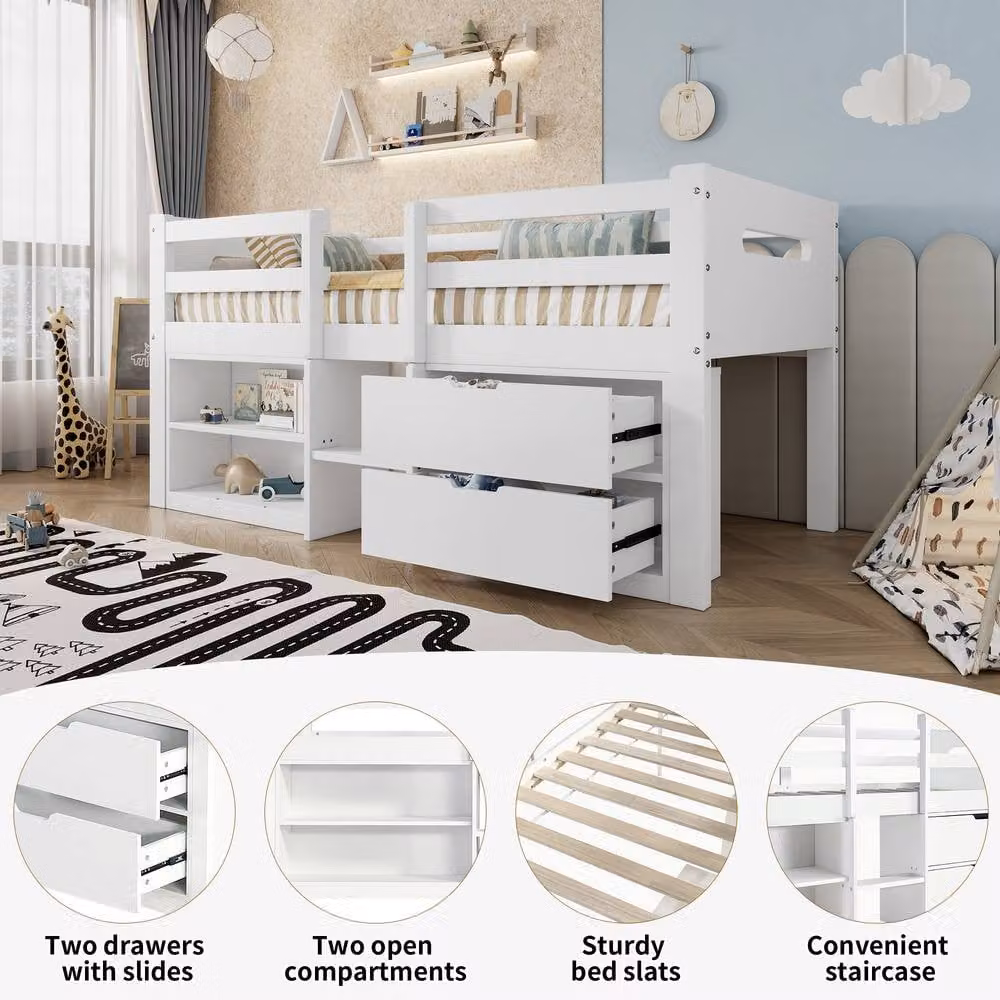 Matteo White Solid Wood Childrens Storage Bed with Safety Guardrail and Drawers, W/D/H: 90 x 190 cm – 2