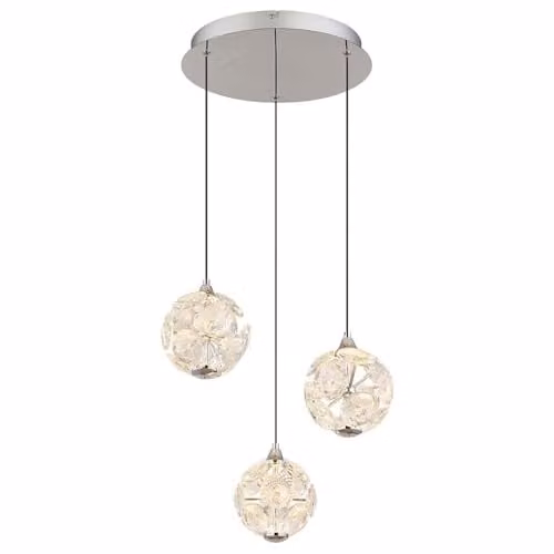 Globo Lighting Virina Cluster Pendant Ceiling Light in Silver with Transparent K9 Crystals, 3x LED Bulbs Included, Height: 150 cm