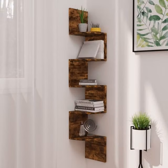 Berkfield Home Wall Mounted Corner Shelf in Smoked Oak Brown, W/D/H: 19 x 19 x 123 cm