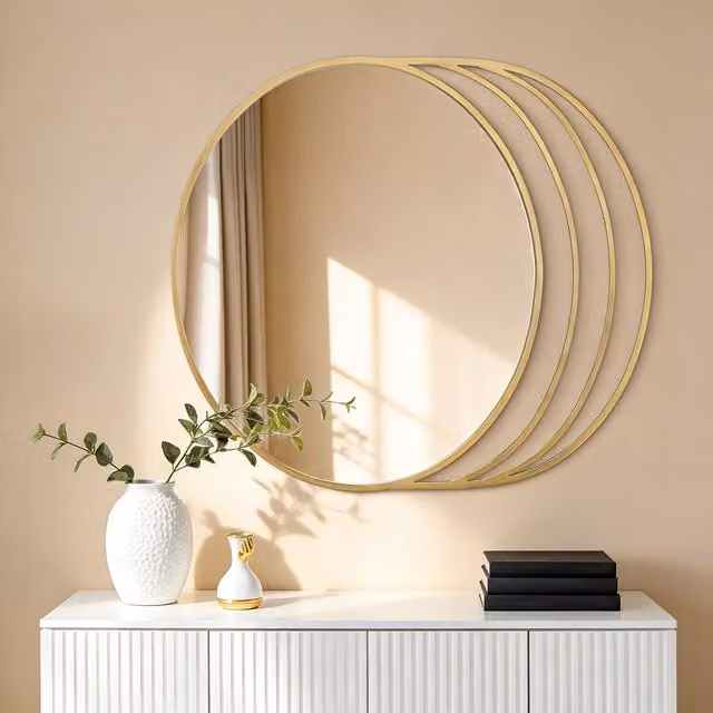 Charles Bentley Prague Round Art Deco Wall Mount Mirror in Gold Metal – 1