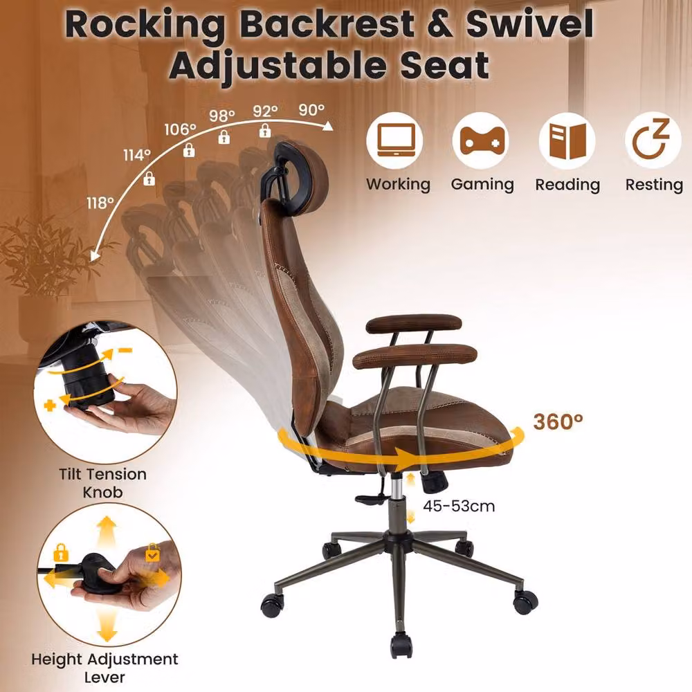 KORVIXA Brown Fabric Swivel Task Chair with Headrest and Armrests for Home Office – 4