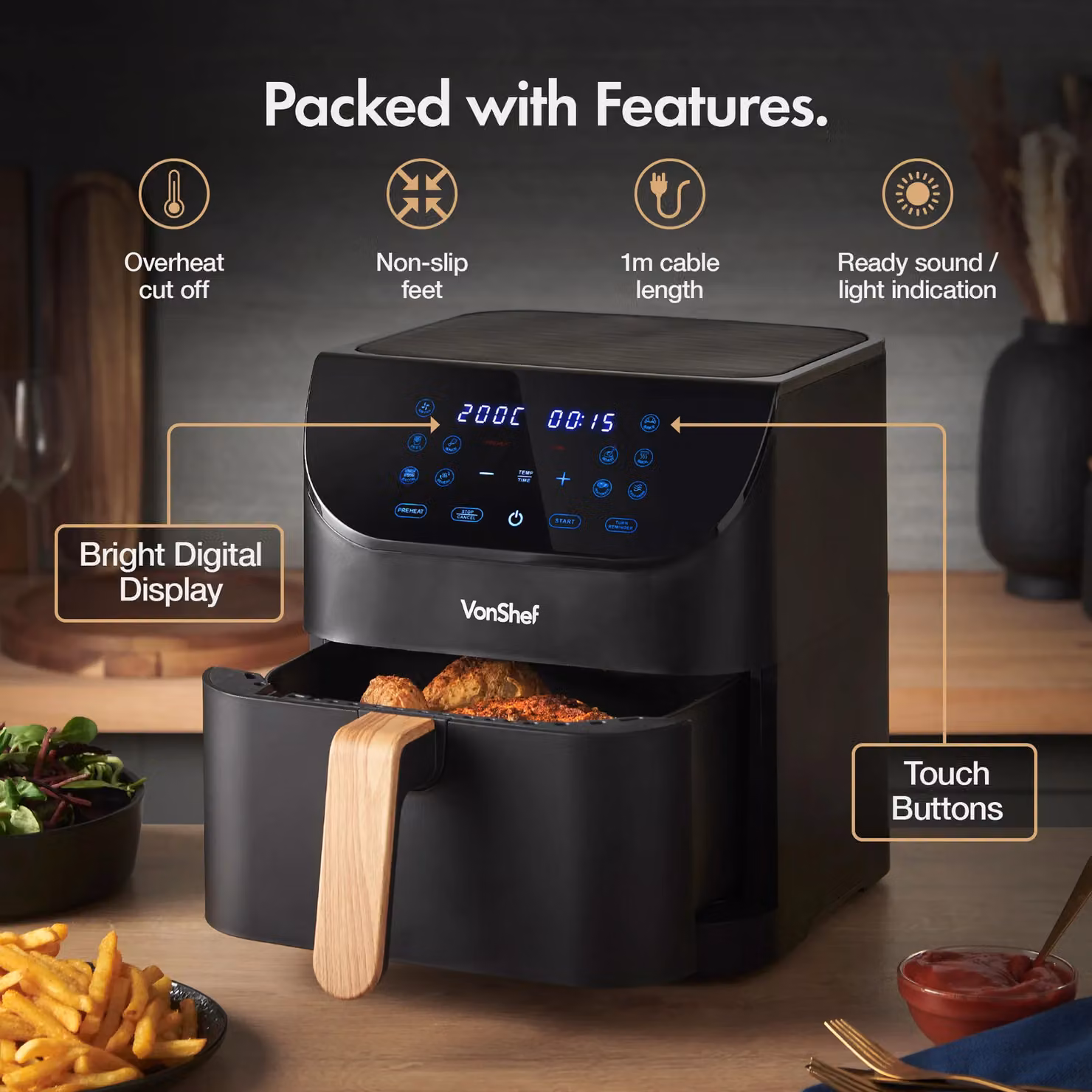 VonShef Fika 6L Black Hot Air Fryer with Digital Display – 3