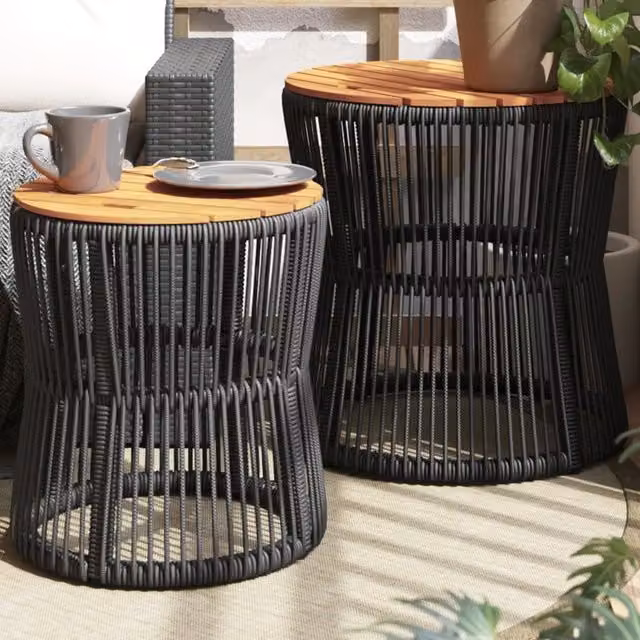 Berkfield Home Set of 2 Black Poly Rattan Garden Side Tables with Acacia Wood Tops
