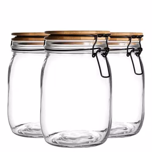 Argon Tableware Glass Storage Jars with Airtight Wooden Clip Lids, 1 Litre, Pack of 3, White and Transparent – 1