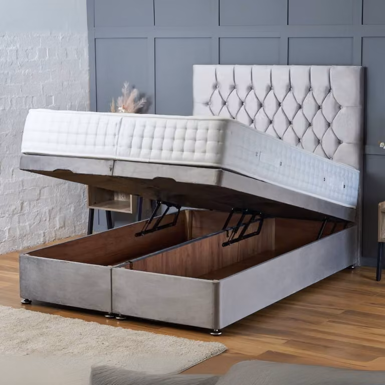 BSSPOKE Mia Ottoman Divan Bed with 54 inch Headboard and Mattress in Black Plush Velvet, W/D/H: 140 x 200 cm