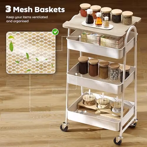 HOMCOM 3-Tier Freestanding Storage Trolley with Covered Top Board in White and Oak, W: 45.0 cm, D: 32.0 cm, H: 77.5 cm – 2