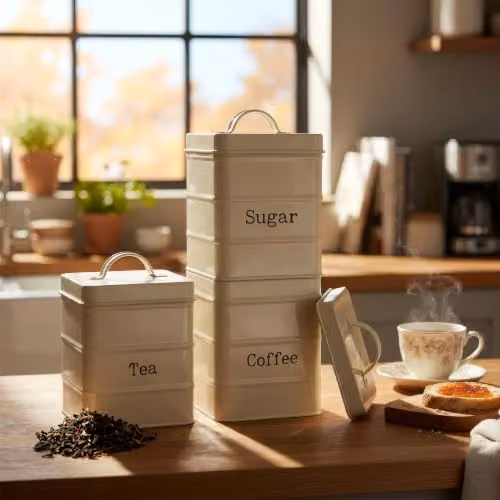 Harbour Housewares Metal Tea Coffee Sugar Canister Set in Beige and White with Airtight Lids – 2