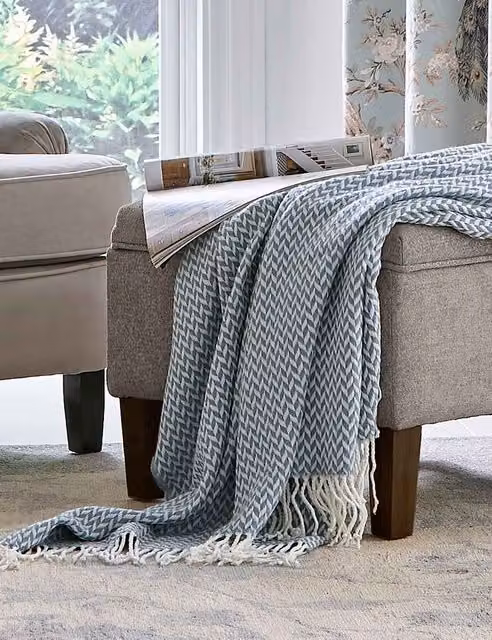 Laura Ashley Home Arya Blue Geometric Woven Throw with Fringes