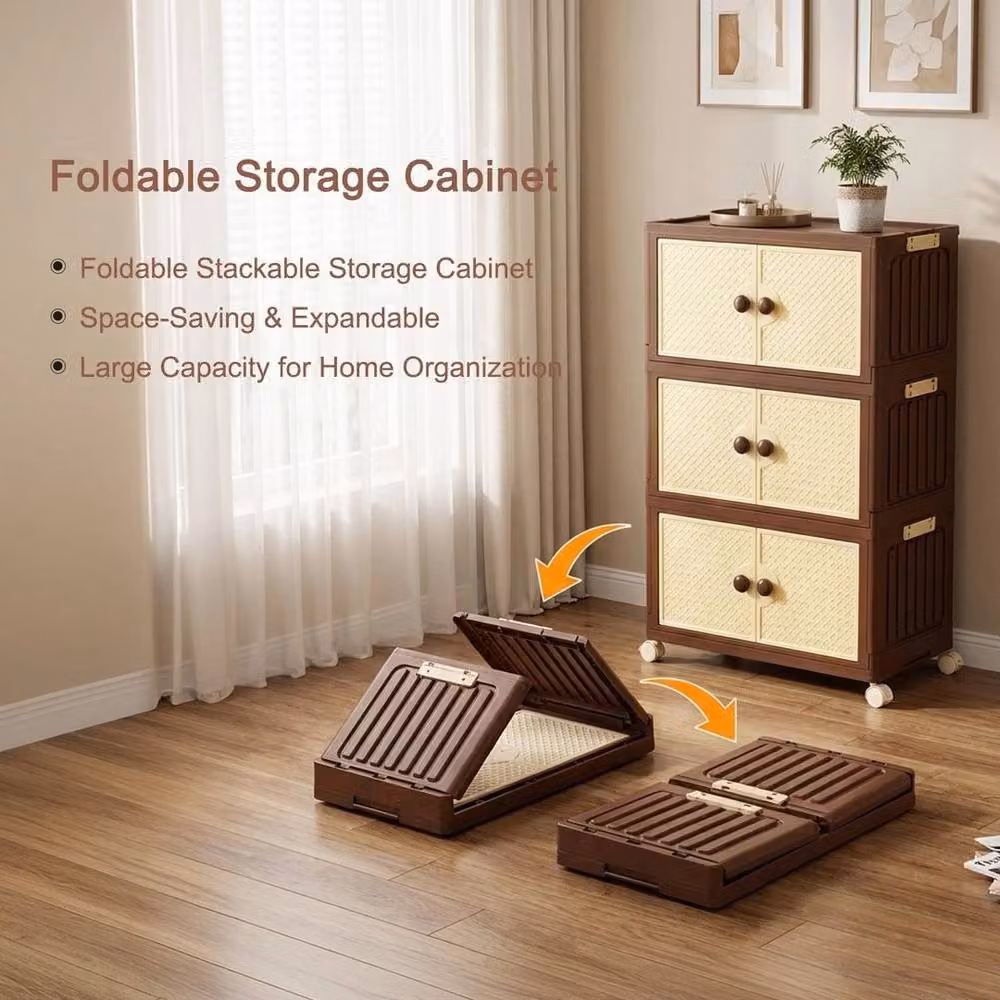 KORVIXA 3 Tier Large Foldable Storage Boxes with Hinged Doors, Brown, W/D/H: 100 x 100 x 100 cm – 5