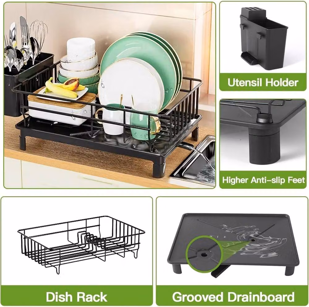 ATEK 1 Tier Stainless Steel Kitchen Dish Drainer Rack in Black with Cutlery Holder and Drip Tray – 8