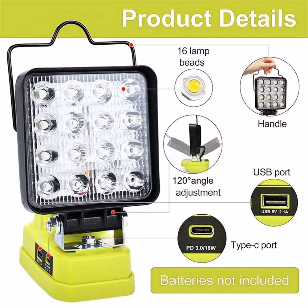 Nordara Yellow LED Work Light for Ryobi 18V Battery with Adjustable Brightness and USB Ports – 4