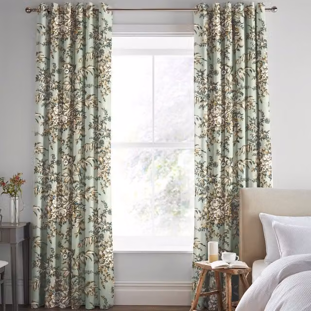 Laura Ashley Picardie Made to Measure Blackout Eyelet Fabric Curtain in Amber and Green with Floral Design