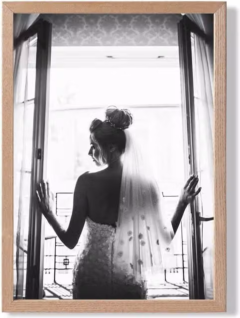 ARTZE Bride in Window Fashion Black and White Framed Photo Print with Oak Frame, A3