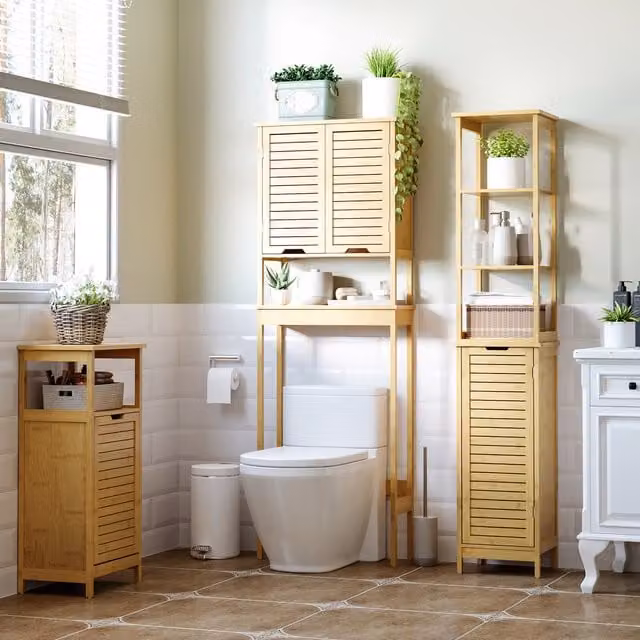 kleankin Slim Bamboo Bathroom Floor Cabinet with 3 Shelves and Cupboard in Natural Wood