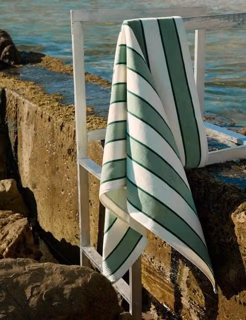 M&S Green Striped Pure Cotton Sand Resistant Beach Towel