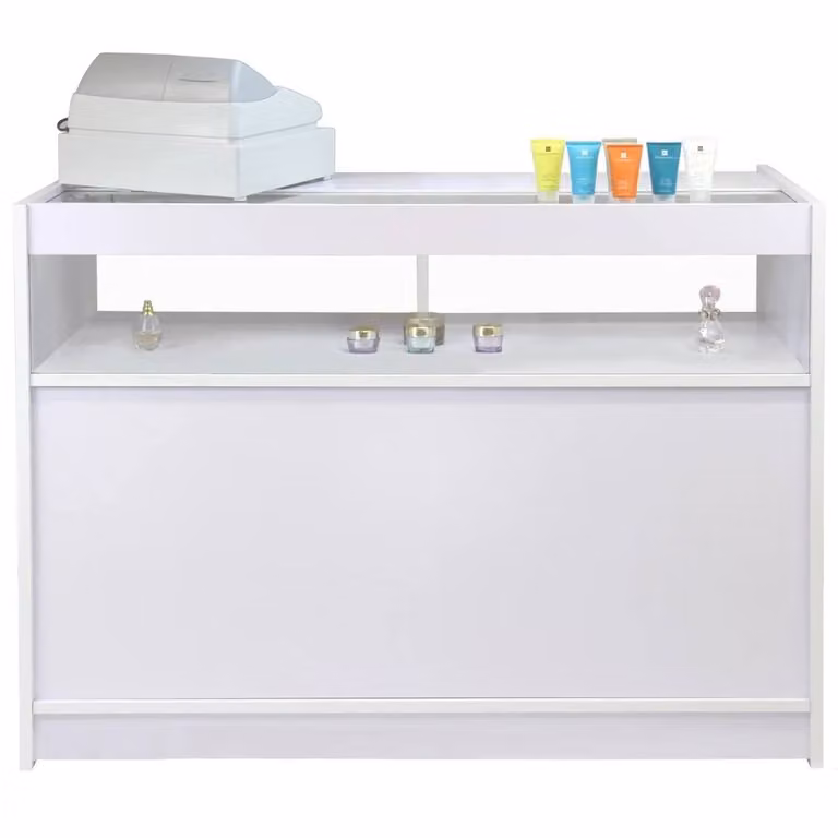Monstershop Fusion Brilliant White Glossy Shop Counter and Retail Display Set with Glass Doors and Internal Shelves W/D/H: 60.0 x 3.0 x 90.0 cm