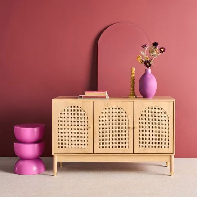 Sweekeek Boho Wood and Rattan 3-Door Sideboard in Beige, W: 120 cm
