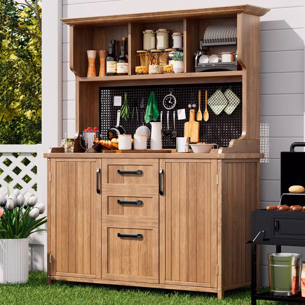 Rolipo Solid Fir Wood Garden Storage Cabinet with Drawers in Brown – 4