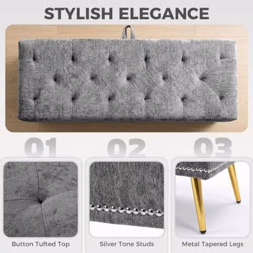 HOMCOM Grey Upholstered Storage Ottoman, W: 114 cm, D: 41 cm, H: 45 cm – 5