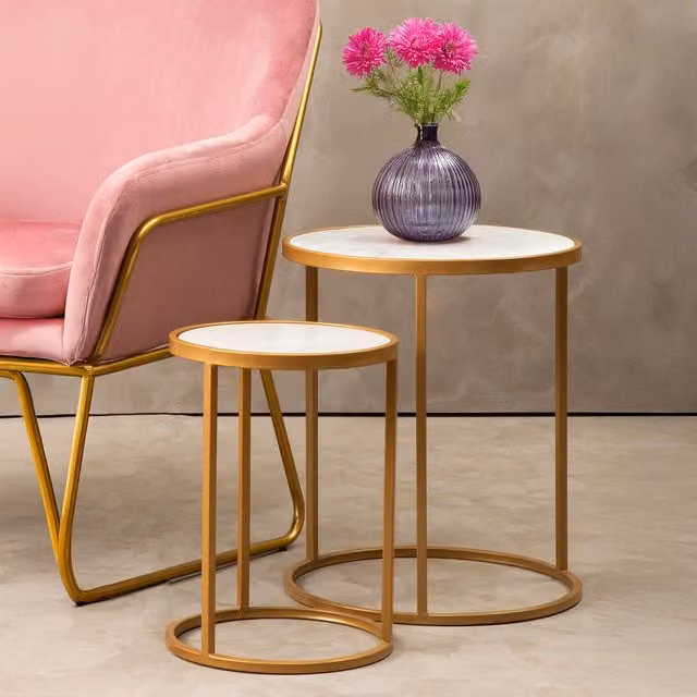 Orsina Set of Two Modern Round Marble and Metal Nesting Tables in White and Gold – 2