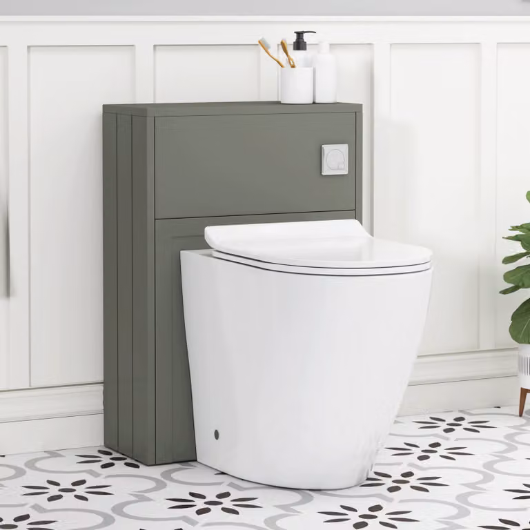 Royal Bathrooms Elmore Matte Green BTW WC Unit with Elva Rimless Short Projection Ceramic Toilet Pan, Slim Seat and Cistern, Width: 55 cm