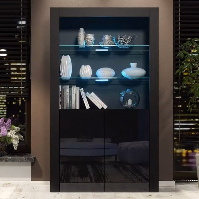 Creative Furniture Spectrum Modern Black Glossy Display Cabinet with LED Lighting and Glass Doors, Height: 170 cm – 1