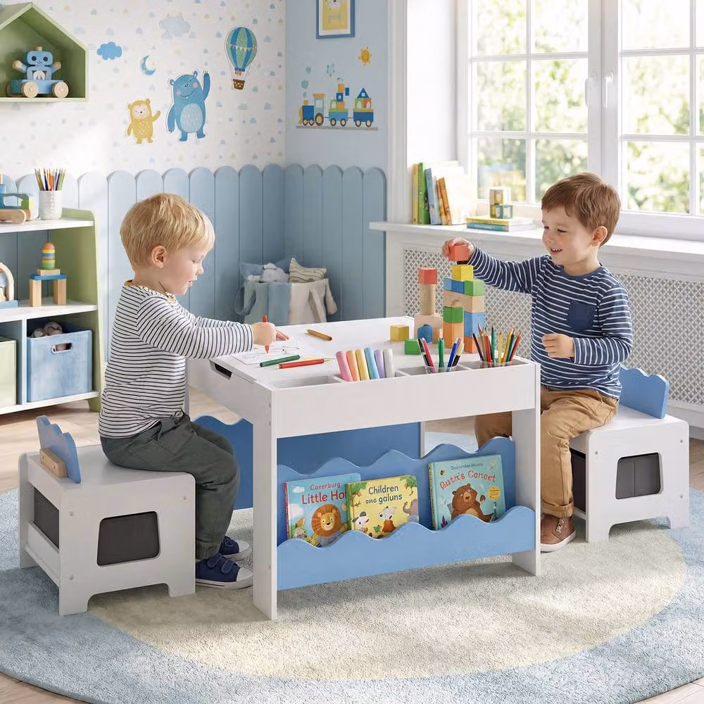 CASART Wooden Kids Table and Chairs Set with Chalkboard and Drawers in Blue – 5