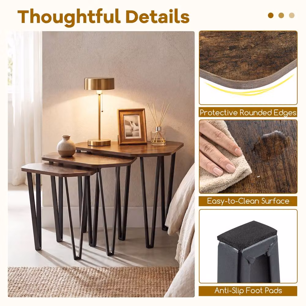Costway Industrial Nesting Coffee Table Set with Irregular Hexagonal Glass and Metal Tops in Brown – 10
