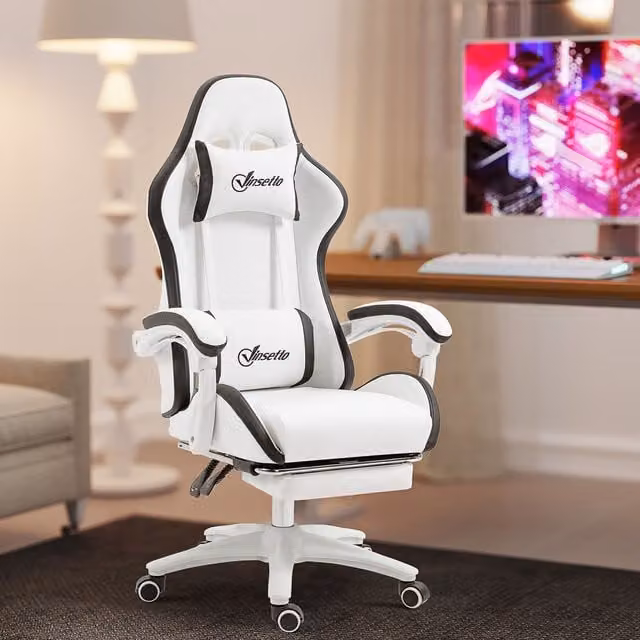 Vinsetto Racing Style Gaming Chair in White and Black with Reclining Function, Footrest, and Removable Headrest