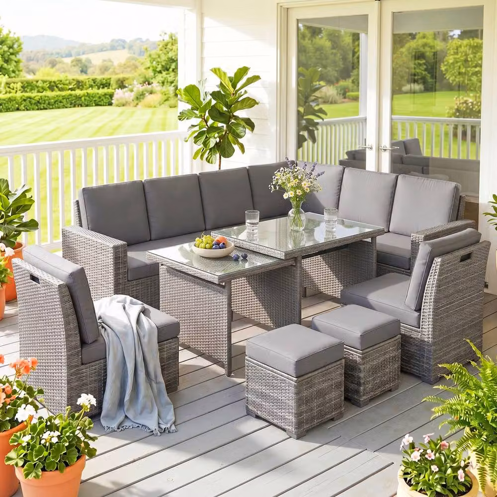 ERGOVEXA Seven-Piece L-Shape Polyrattan Garden Sofa Set in Grey with Upholstered Cushions and Coffee Table – 4
