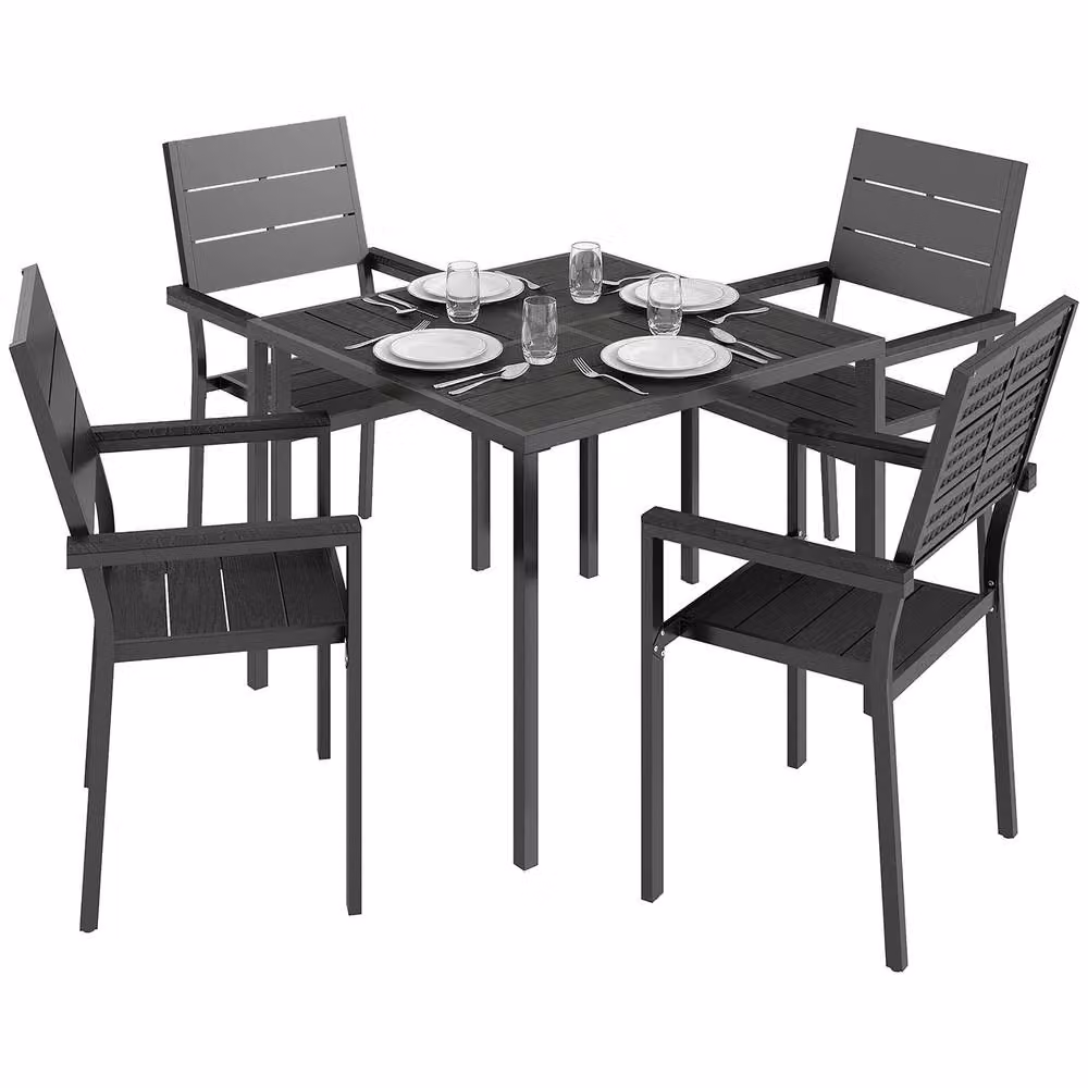 OUTSUNNY 5 Piece Modern Garden Dining Set with Black HDPE Table – 2