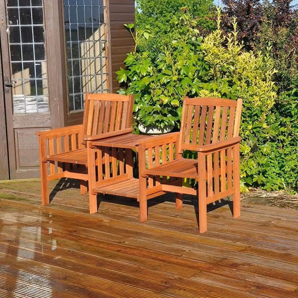 Marco Paul Traditional Jack & Jill Acacia Wood Bench with Square Glass Table in Brown, W/D/H: 164.5 x 63.0 x 63.0 cm – 3
