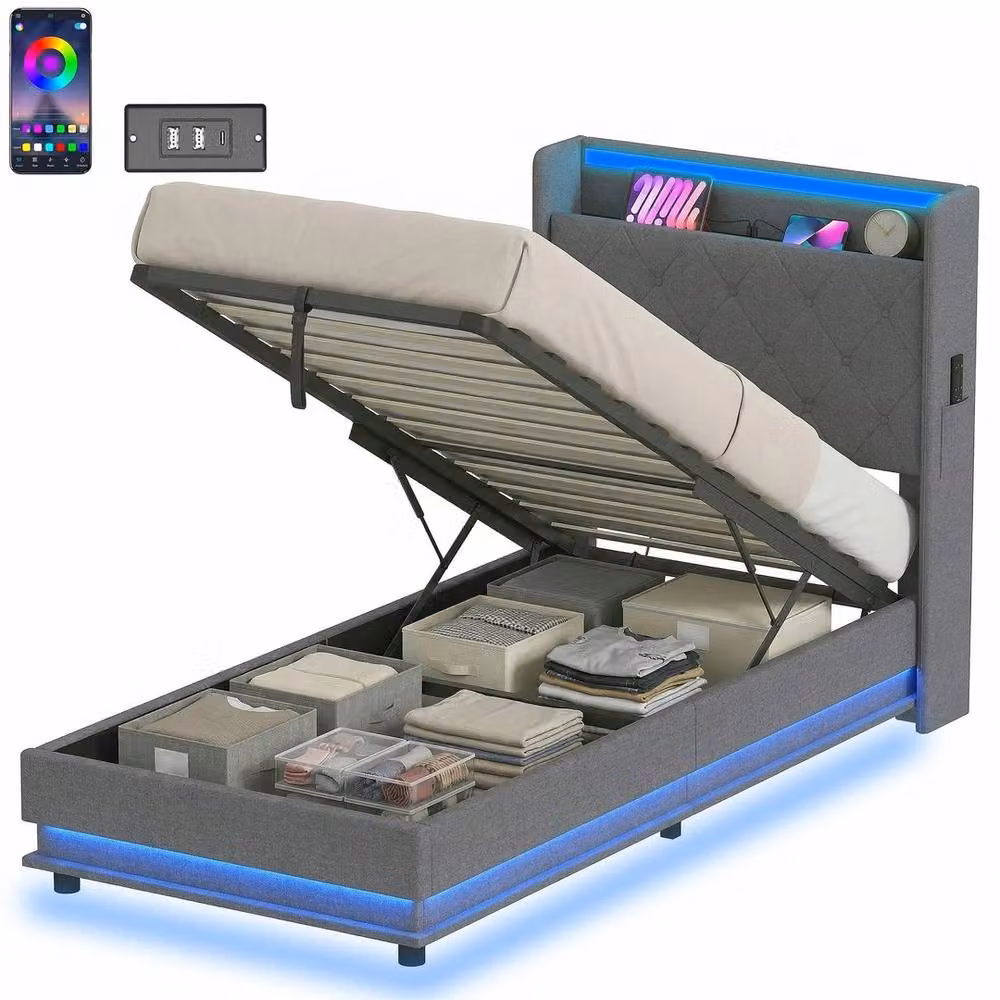 FORGEVIO Modern Lift Up Storage Bed Frame with RGB LED Under-Bed Lighting in Grey Fabric, W/D/H: 90 x 190 cm – 6