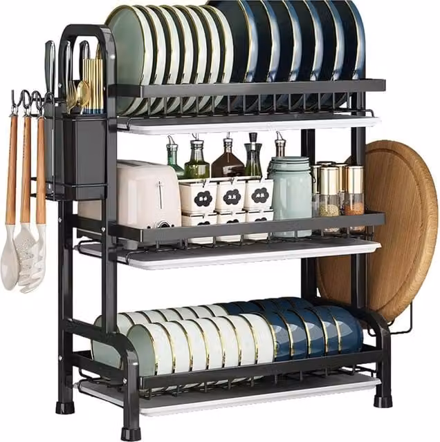 simplehuman Stainless Steel 3 Tier Dish Drainer Rack with Drip Tray and Cutlery Holder in Black or White