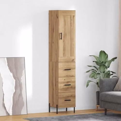 vidaXL Artisan Oak Highboard in Brown with 3 Drawers and Hinged Doors, W/D/H: 34.5 x 34.0 x 180.0 cm – 2