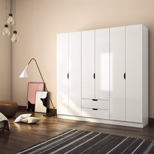 EVUHOME Bergen 6 Door 2 Drawer White Wardrobe H 180 x W 109.5 x D 45 cm