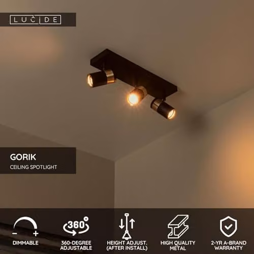Lucide Gorik Black Metal Ceiling Spotlight with 3x GU10 Dimmable Adjustable Heads – 2