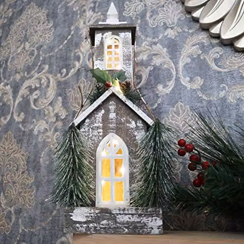 SHATCHI Rustic Wooden Christmas House Tabletop Centrepiece with Berries, Pines and 10 Warm White Bulbs, Height: 52 cm – 5