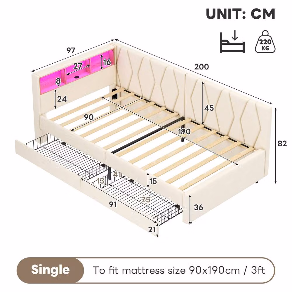 Merax 3ft Single Daybed Sofa Bed in Beige with 2 Drawers and LED Storage Headboard featuring USB Charging Port and Bedside Shelf, W/D/H: 90 x 190 x 82 cm – 3