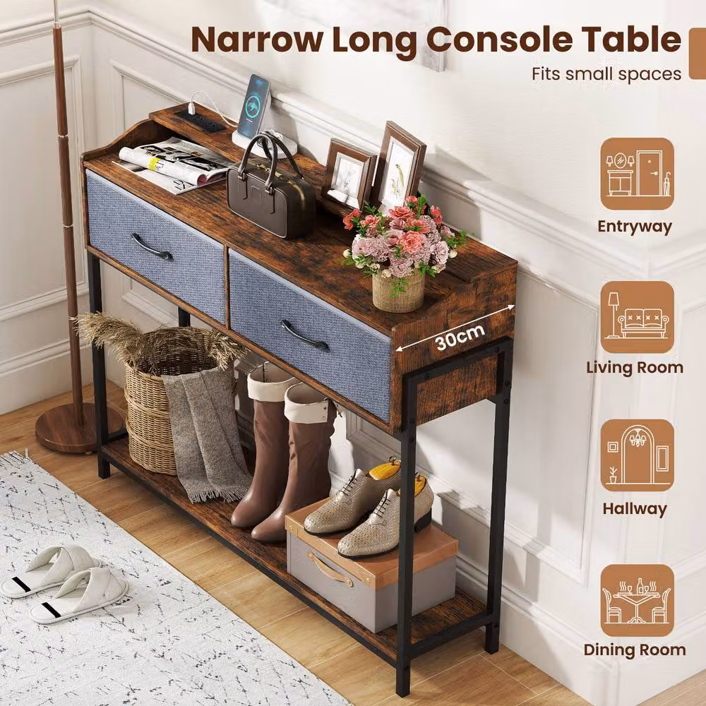 Costway Industrial Brown Console Table with Charging Station for Living Room or Hallway – 3