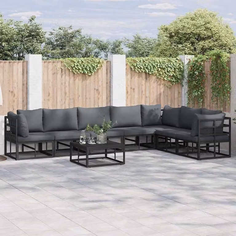 Berkfield Home 8-Piece L-Shape Garden Sofa Set with Upholstered Cushions and Scatter Pillows in Black Powder Coated Aluminium