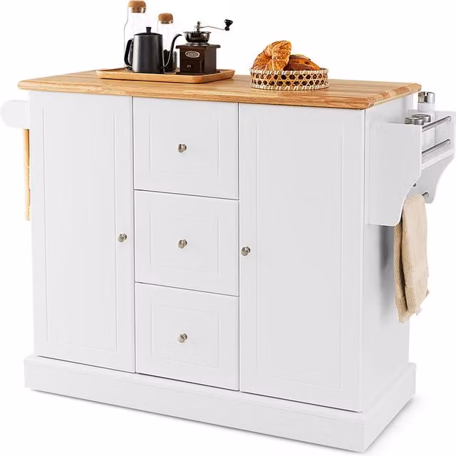COSTWAY Mobile Kitchen Island Cart and Storage Cabinet in White with Rubberwood Details