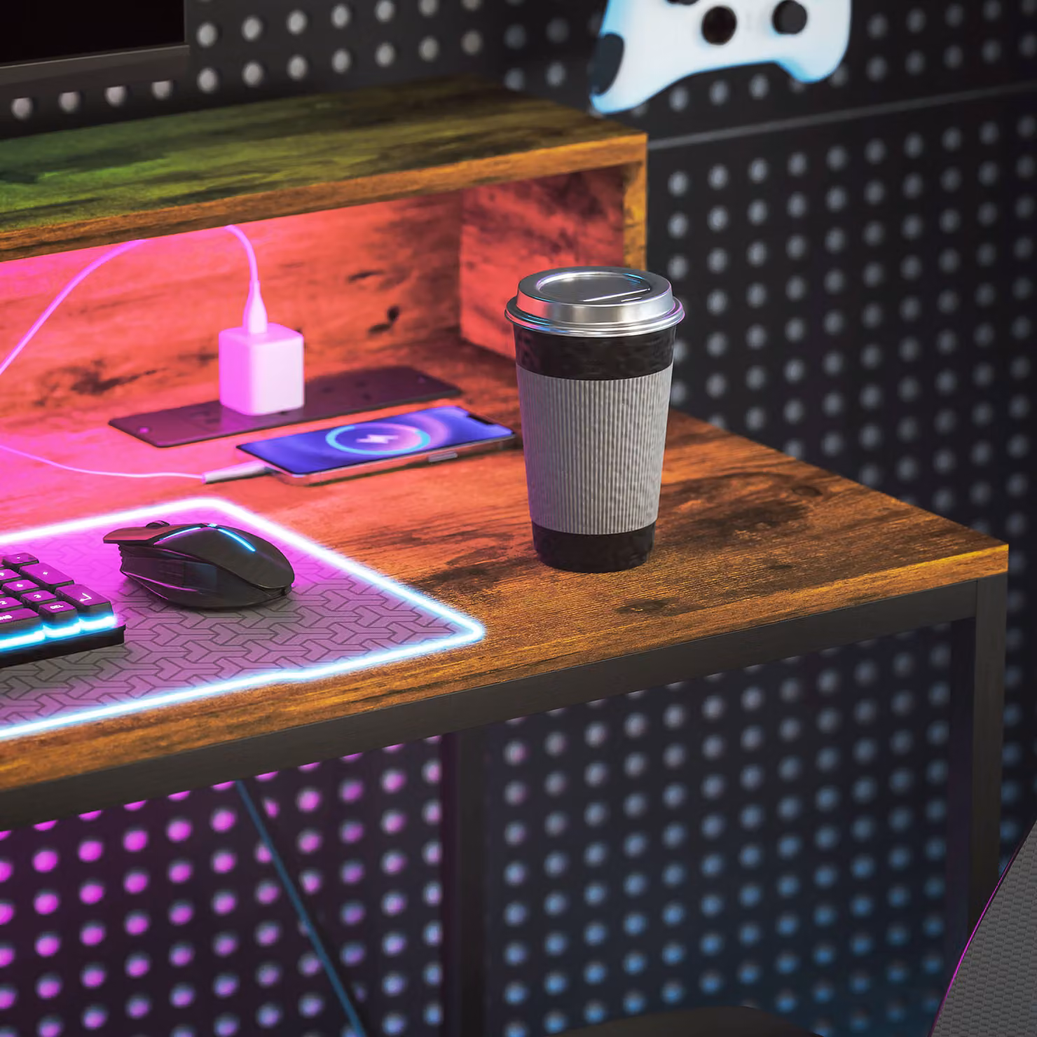 HOMCOM Gaming Computer Desk with LED Lights and Power Outlets, Rustic Brown, W: 120 cm, H: 75 cm – 6