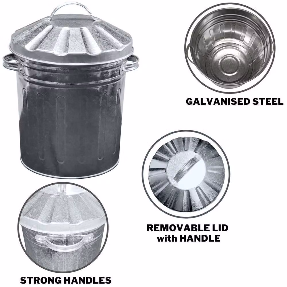 FLAVORA Small Metal Galvanised Rubbish Bin with Flip Lid, Silver, 15 l – 2